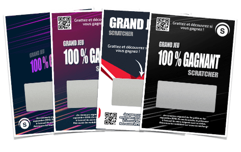 I biglietti da grattare formato L verticale contengono una zona da grattare rettangolare su carte nel formato 70x104mm verticale per nascondere i messaggi nascosti a tua scelta. Diverse varianti possono essere personalizzate.